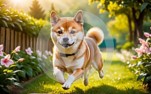 A chubby Shiba dog Inu is happily running in the garden!