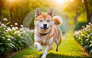 A chubby Shiba dog Inu is happily running in the garden!