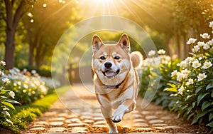 A chubby Shiba dog Inu is happily running in the garden!