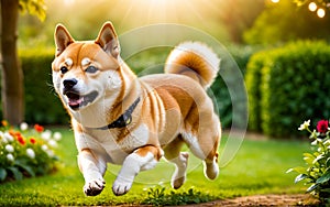 A chubby Shiba dog Inu is happily running in the garden!