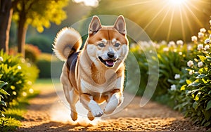 A chubby Shiba dog Inu is happily running in the garden!