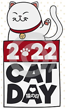 Chubby White Kitty over Calendar Celebrating Japanese Cat Day, Vector Illustration