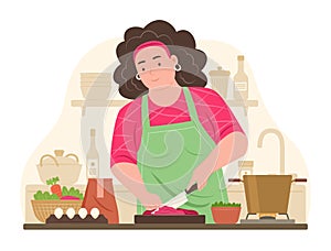 Chubby Woman Cooking Food in Kitchen