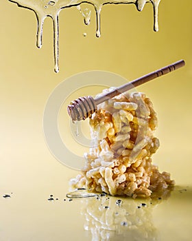 Chuck-chak with honey, honey stick with which honey is dripping, trickles flow on the screen. photo