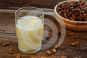 Chufa milk in glass, with tigernut. Alternative type of milks. Vegan non-dairy milk. Lactose-Free Milk and Nondairy Beverages.