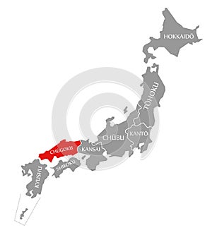 Chugoku red highlighted in map of Japan photo
