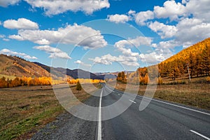 Chuisky tract in the autumn. Beautiful winding asphalt road in the autumn mountains. Chuysky tract and a view of the North Chuysky