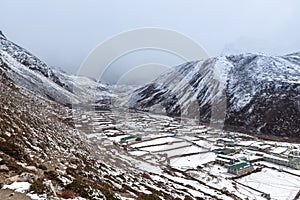 Chukhung valley in Nepal on snowy day.