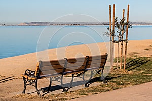 Chula Vista Bayfront Park bench with San Diego Bay