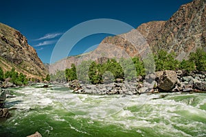 Chulyshman river is doing sprint on the direct site, Altai mountains, Siberia, Russia