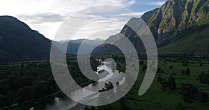 Chulyshman Valley, summer shot on drone, Altai, Russia