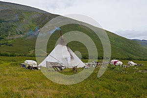 Chum nomadic reindeer herders in the foothills of the Ural. Russia