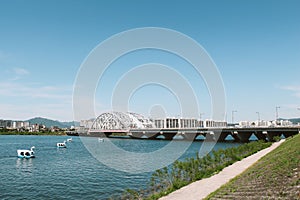 Chuncheon Riverside park, apartment and bridge in Korea