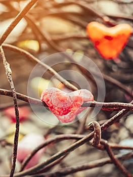 A chunk of a red heart shaped candle adheres to an old rusted steel rod.
