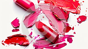 Chunks of broken lipstick of different colors textured strokes on white background. Luxury makeup cosmetics beauty fashion