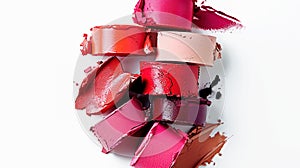 Chunks of broken lipstick of different colors on white background. Luxury makeup cosmetics beauty fashion femininity concept. Sale photo