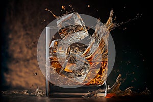 Chunks of ice elegantly tumble into a glass of whiskey, casting captivating ripples and splashes on a dark background