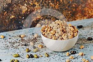 Chunks of textured soy protein in a bowl