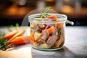 chunky beef stew in a clear glass pot, brightly lit