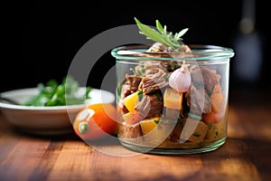 chunky beef stew in a clear glass pot, brightly lit