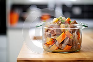chunky beef stew in a clear glass pot, brightly lit