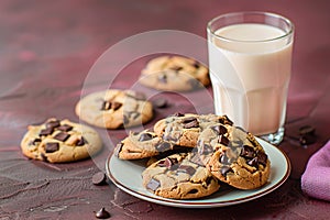 Chunky chocolate cookies with fresh milk glass. Indulgent baked sweet dessert