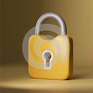 A chunky, glossy 3D yellow lock with white keyhole, dotted base, and metal loop, soft-edged and stylized photo