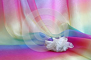 Chunky Quartz Crystal Cluster on rainbow chiffon background