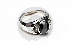 A Chunky Sterling Silver Ring Black Onyx Stone White Background. Generative AI