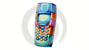 A chunky, vibrant mobile phone from the late 90s, designed to evoke a nostalgic tech throwback