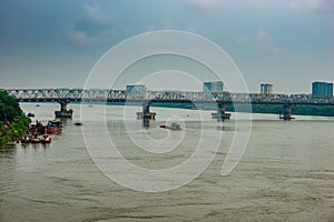 Chuong Duong bridge as seen from Long Bien bridge, Hanoi, Vietnam