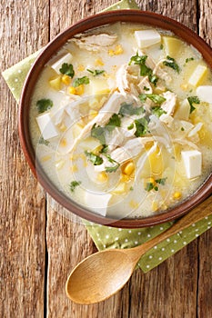 Chupe Andino is a traditional soup made from shredded chicken, cheese, vegetables and cream closeup in the plate. vertical top