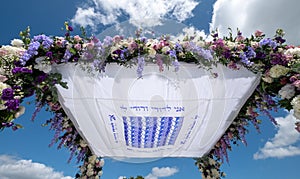 Chuppa wedding canopy under which Jewish couple get married. Canopy is inscribed with words: I am to my beloved s