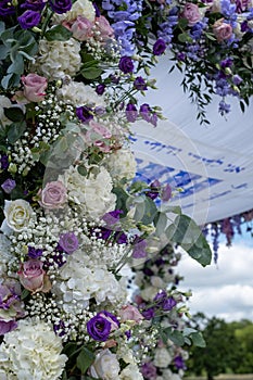Chuppah wedding canopy under which Jewish couple get married. Canopy is inscribed with words from biblical book Song of Songs.