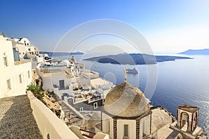 Church of Agia Irini with city view in Thira town, Santorini, Greece