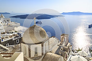 Church of Agia Irini with city view in Thira town, Santorini, Greece