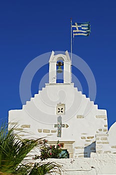 The church of Agios Konstantinou, a traditional cycladic church with blue dome in the town of Paroikia