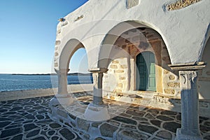 The church of Agios Konstantinou, a traditional cycladic church with blue dome in the town of Paroikia