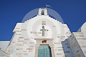 The church of Agios Konstantinou, a traditional cycladic church with blue dome in the town of Paroikia