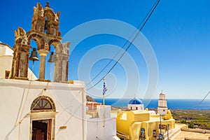 Church of Agios Nikolaos belfry Pyrgos Kallistis Santorini scenery Greece