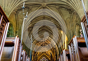 Church aisle from low angle