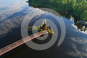 Church of the apostle Andrew the First-Called on the Vuoksa River in the June morning aerial photography. Leningrad region, Russ
