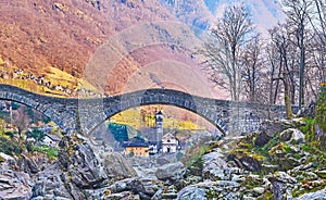 The church in arch of Salt Bridge, Lavertezzo, Valle Verzasca, Switzerland