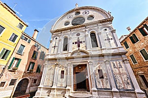 Church architectural facade in Venice historic center. Italy