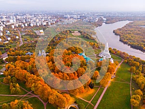 Church of the Ascension in Kolomenskoye park in autumn season aerial view, Moscow, Russia