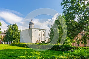 Church of the Assumption on the Mart or Uspenskaya at Yaroslav`s Court in Velikiy Novgorod, Russia. Monument of ancient russian