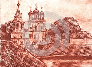 Church on the Bank of the Vologda river, Sepia