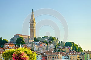 The Church or Basilica of St. Euphemia and traditional colourful houses in the Old Town of Rovinj