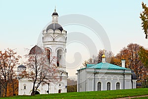 The Church-belfry of St. George and the church refectory in the park Kolomenskoye. Moscow, Russia.