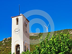 Church Bell and Clock Tower and Modern Electricity Generating Windmill, Greece